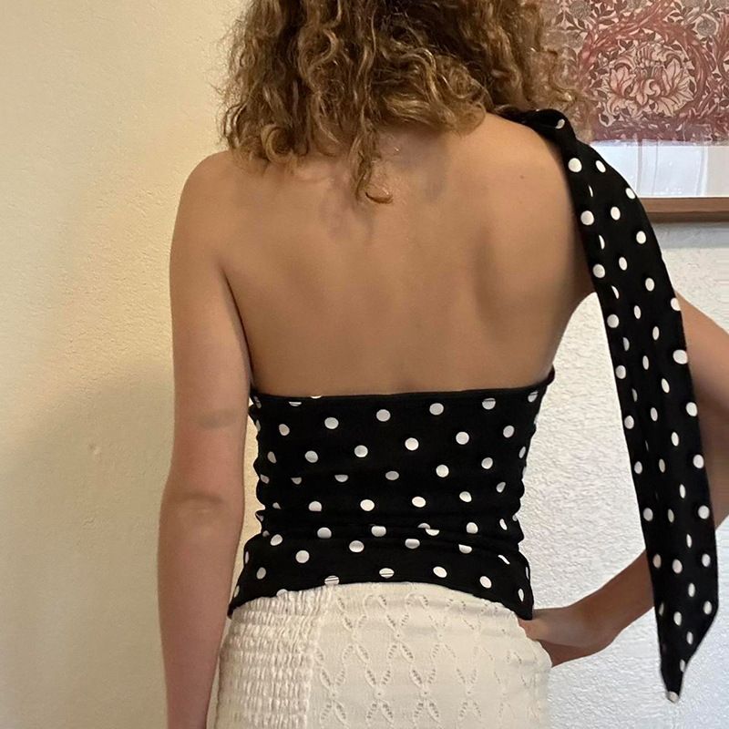 Clothes > Women's Clothing > Tops > Tanks & Camis (Tank Tops) American one-shoulder streamer neck polka dot vest female sexy inner slim sleeveless short top