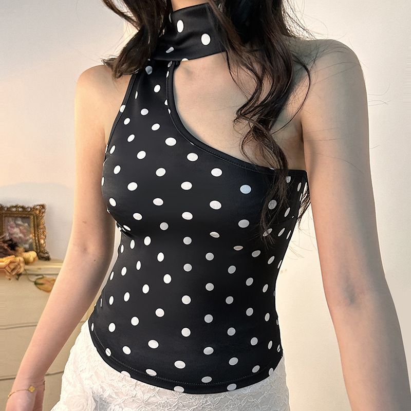 Clothes > Women's Clothing > Tops > Tanks & Camis (Tank Tops) American one-shoulder streamer neck polka dot vest female sexy inner slim sleeveless short top