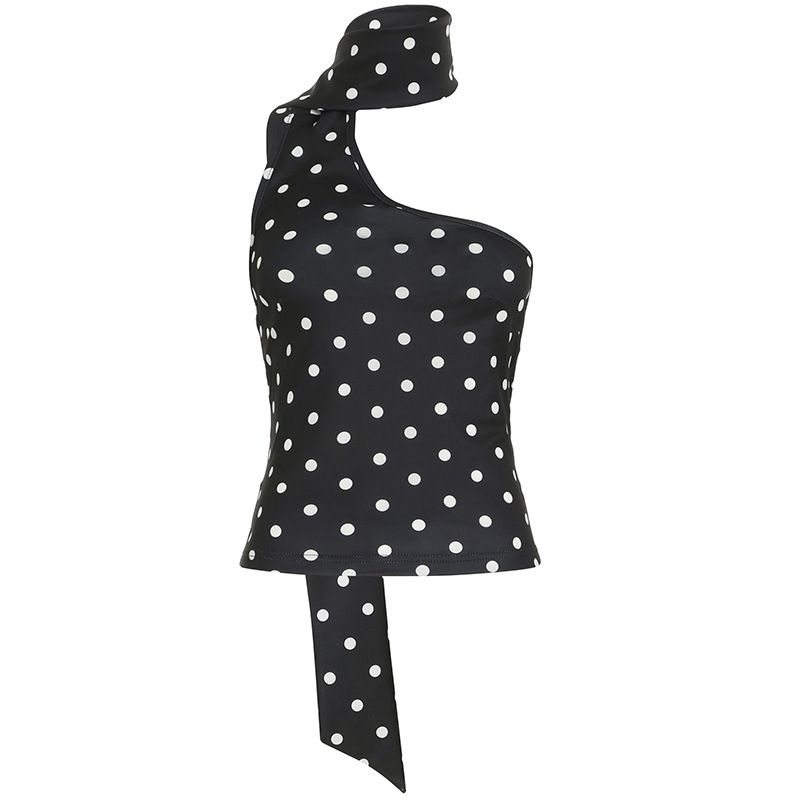 Clothes > Women's Clothing > Tops > Tanks & Camis (Tank Tops) American one-shoulder streamer neck polka dot vest female sexy inner slim sleeveless short top
