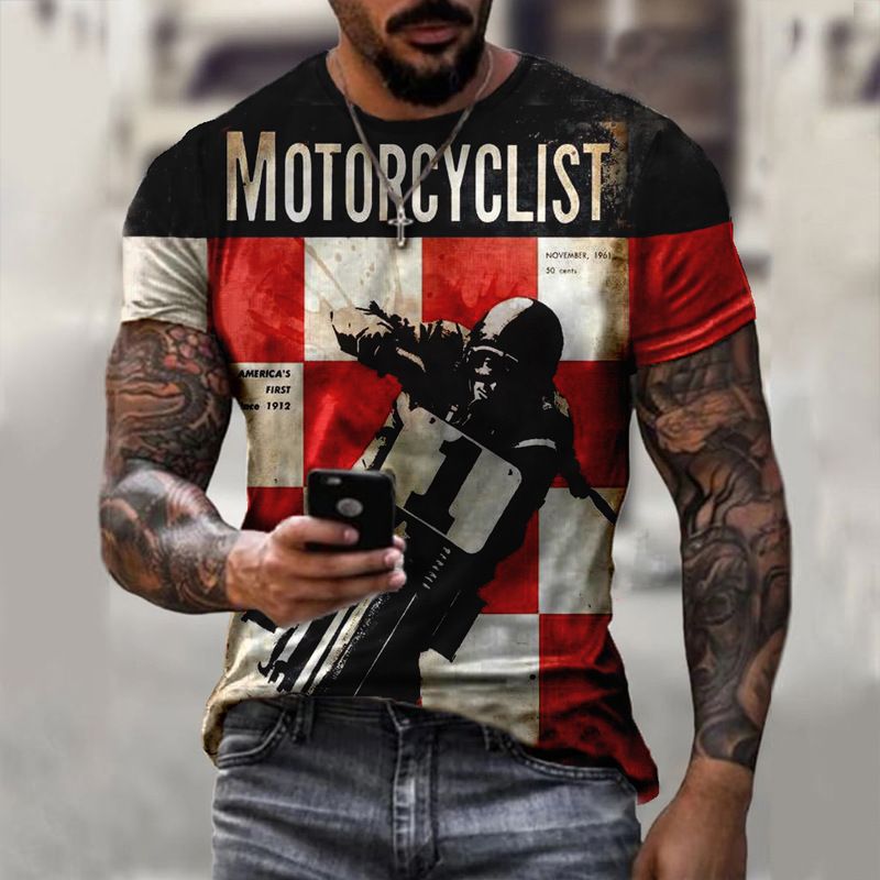Clothes > Men's Clothing > Tops > T-Shirts  New European and American motorcycle short-sleeved casual 3D printed loose pull-out men's T-shirt