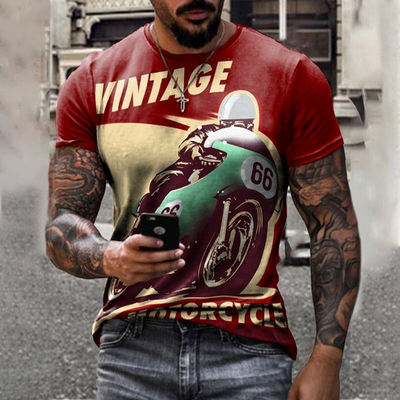Clothes > Men's Clothing > Tops > T-Shirts  New European and American motorcycle short-sleeved casual 3D printed loose pull-out men's T-shirt