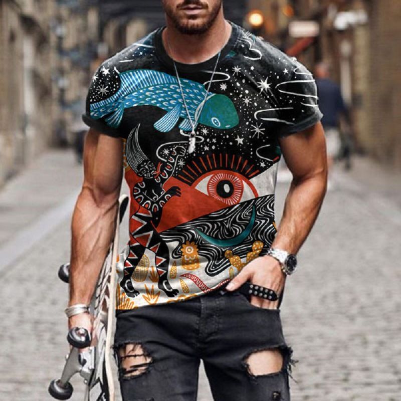 Clothes > Men's Clothing > Tops > T-Shirts  New European and American motorcycle short-sleeved casual 3D printed loose pull-out men's T-shirt