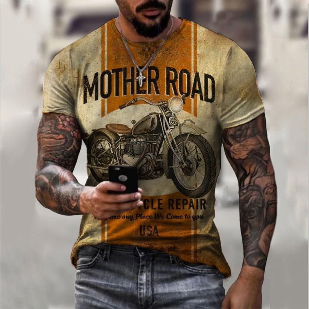 Clothes > Men's Clothing > Tops > T-Shirts  New European and American motorcycle short-sleeved casual 3D printed loose pull-out men's T-shirt