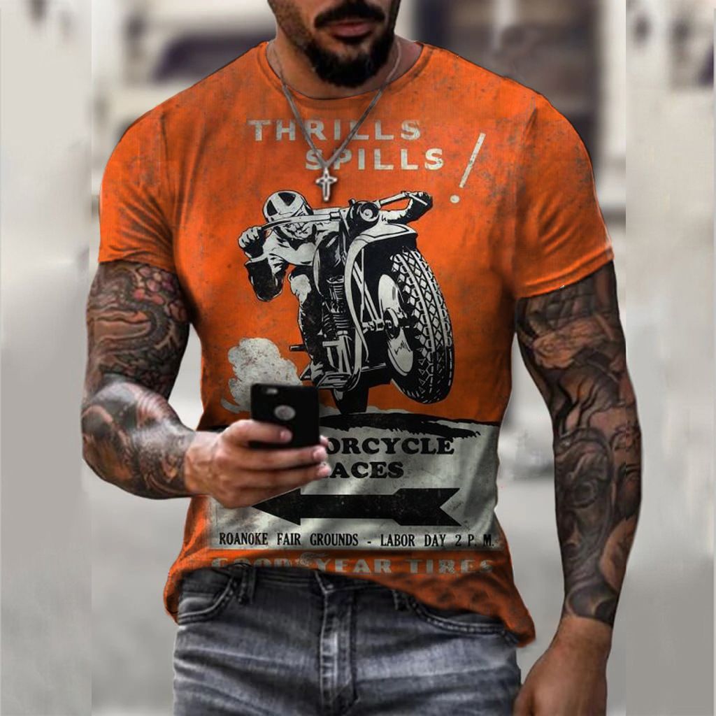 Clothes > Men's Clothing > Tops > T-Shirts  New European and American motorcycle short-sleeved casual 3D printed loose pull-out men's T-shirt