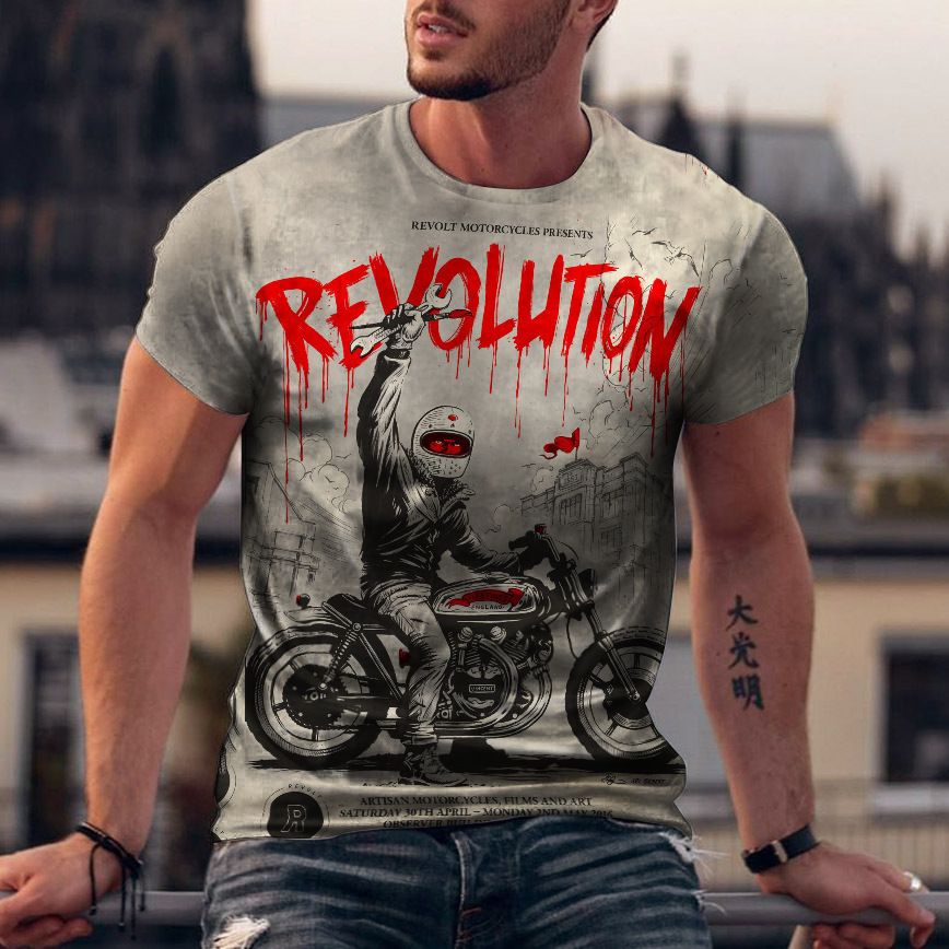 Clothes > Men's Clothing > Tops > T-Shirts  New European and American motorcycle short-sleeved casual 3D printed loose pull-out men's T-shirt