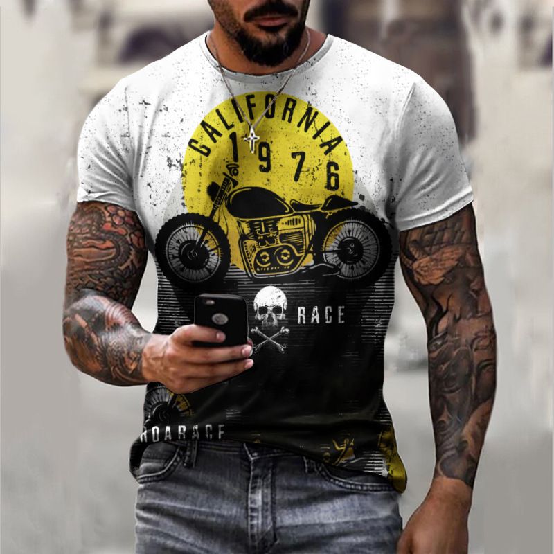 Clothes > Men's Clothing > Tops > T-Shirts  New European and American motorcycle short-sleeved casual 3D printed loose pull-out men's T-shirt
