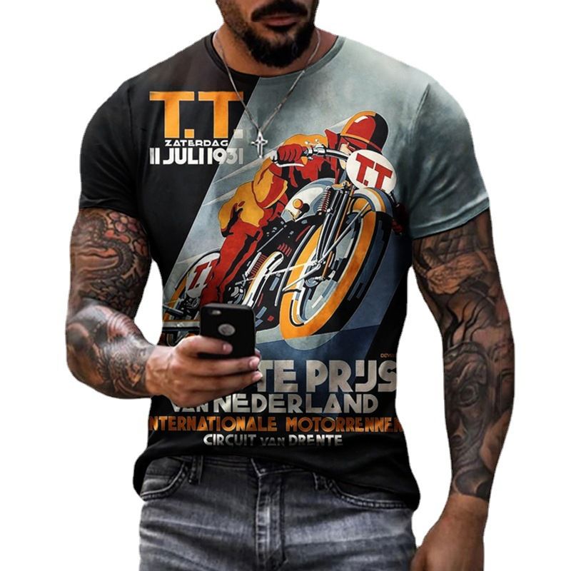 Clothes > Men's Clothing > Tops > T-Shirts  New European and American motorcycle short-sleeved casual 3D printed loose pull-out men's T-shirt