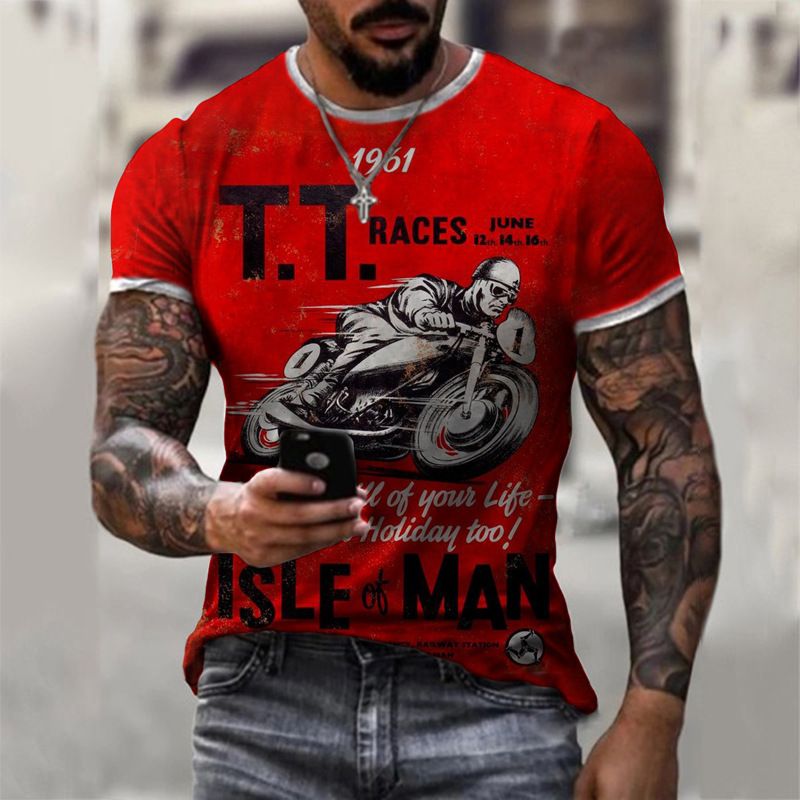 Clothes > Men's Clothing > Tops > T-Shirts  New European and American motorcycle short-sleeved casual 3D printed loose pull-out men's T-shirt