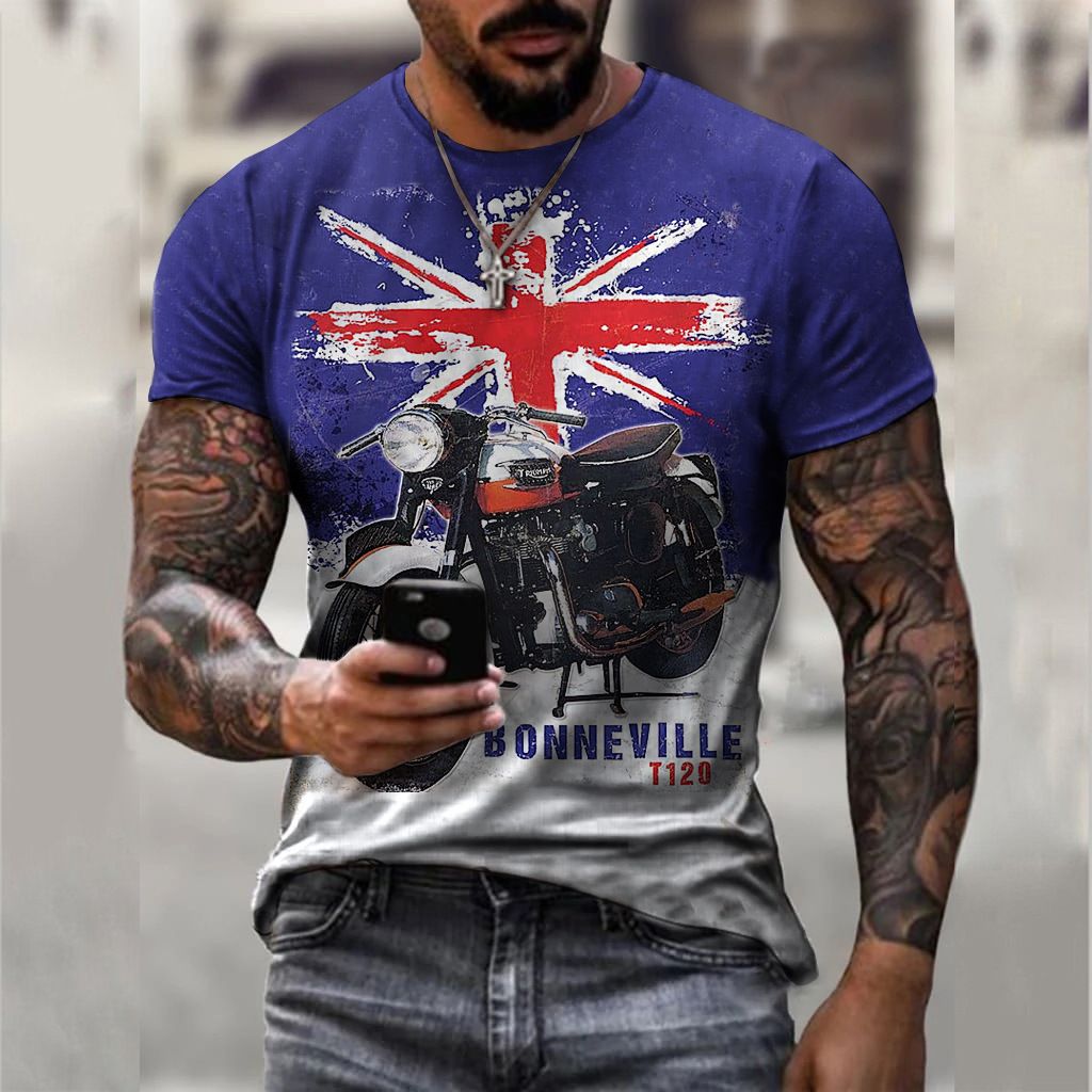 Clothes > Men's Clothing > Tops > T-Shirts  New European and American motorcycle short-sleeved casual 3D printed loose pull-out men's T-shirt