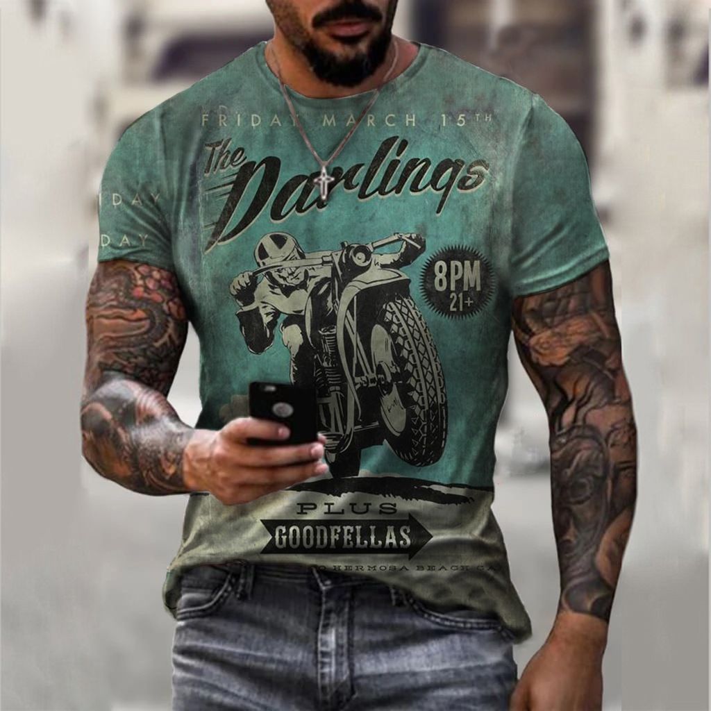 Clothes > Men's Clothing > Tops > T-Shirts  New European and American motorcycle short-sleeved casual 3D printed loose pull-out men's T-shirt