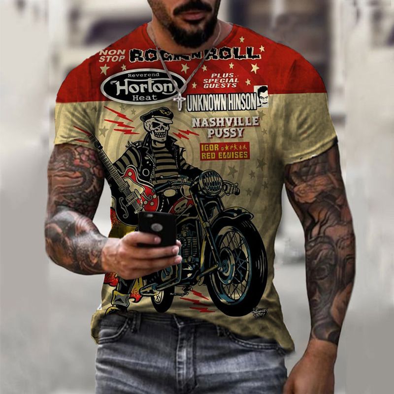 Clothes > Men's Clothing > Tops > T-Shirts  New European and American motorcycle short-sleeved casual 3D printed loose pull-out men's T-shirt