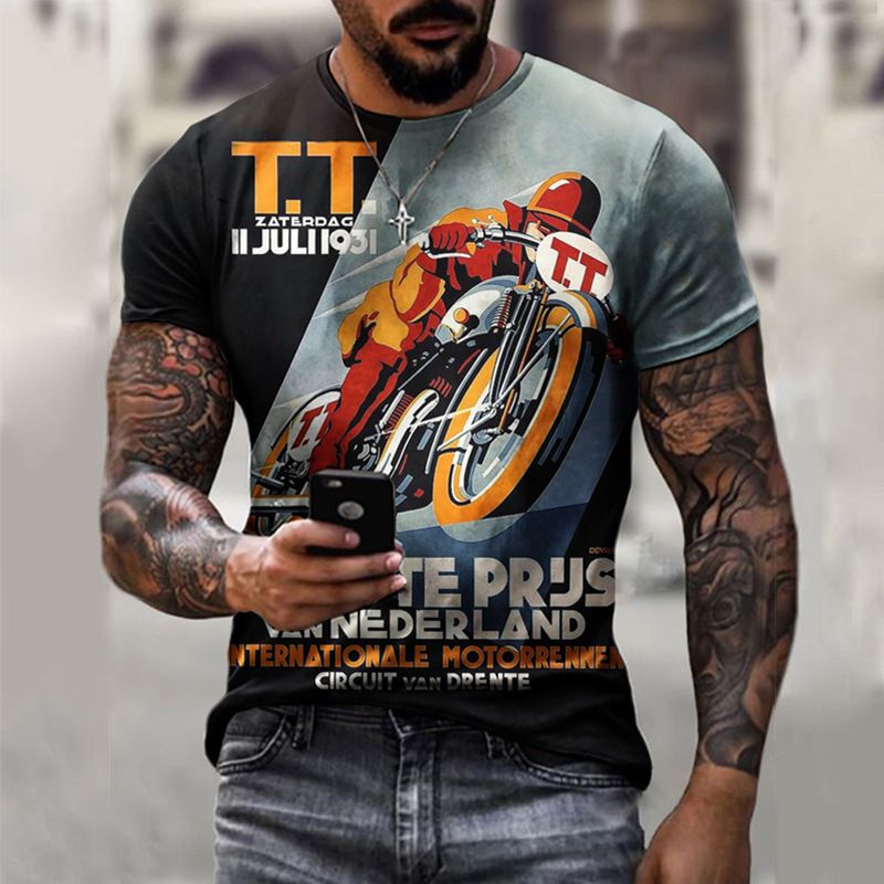 Clothes > Men's Clothing > Tops > T-Shirts  New European and American motorcycle short-sleeved casual 3D printed loose pull-out men's T-shirt