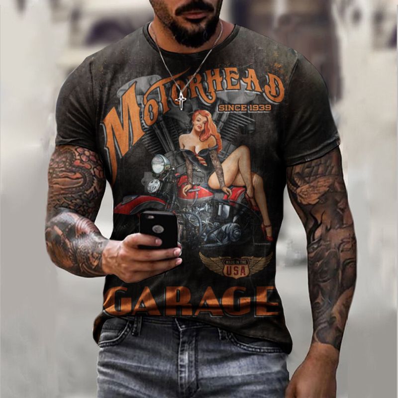 Clothes > Men's Clothing > Tops > T-Shirts  New European and American motorcycle short-sleeved casual 3D printed loose pull-out men's T-shirt