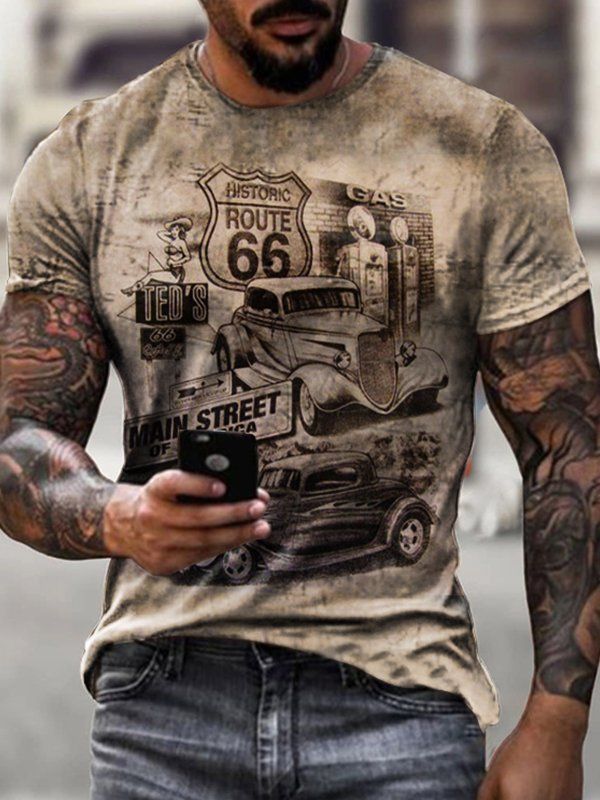 Clothes > Men's Clothing > Tops > T-Shirts  New European and American motorcycle short-sleeved casual 3D printed loose pull-out men's T-shirt