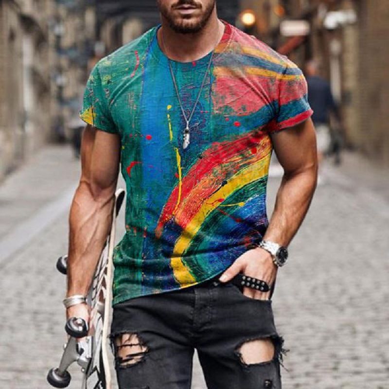 Clothes > Men's Clothing > Tops > T-Shirts  New European and American motorcycle short-sleeved casual 3D printed loose pull-out men's T-shirt