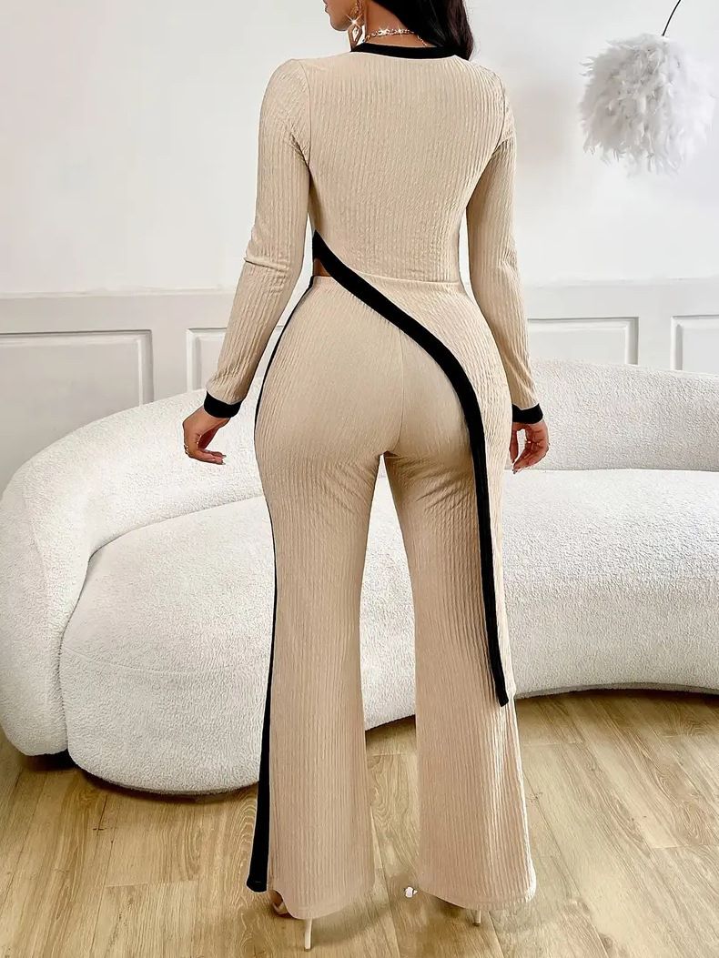 Clothes > Women's Clothing > Clothing Sets > Two-Piece Outfits  New European and American women's fashion long-sleeved contrasting color side slit T-shirt + spliced ​​trousers suit