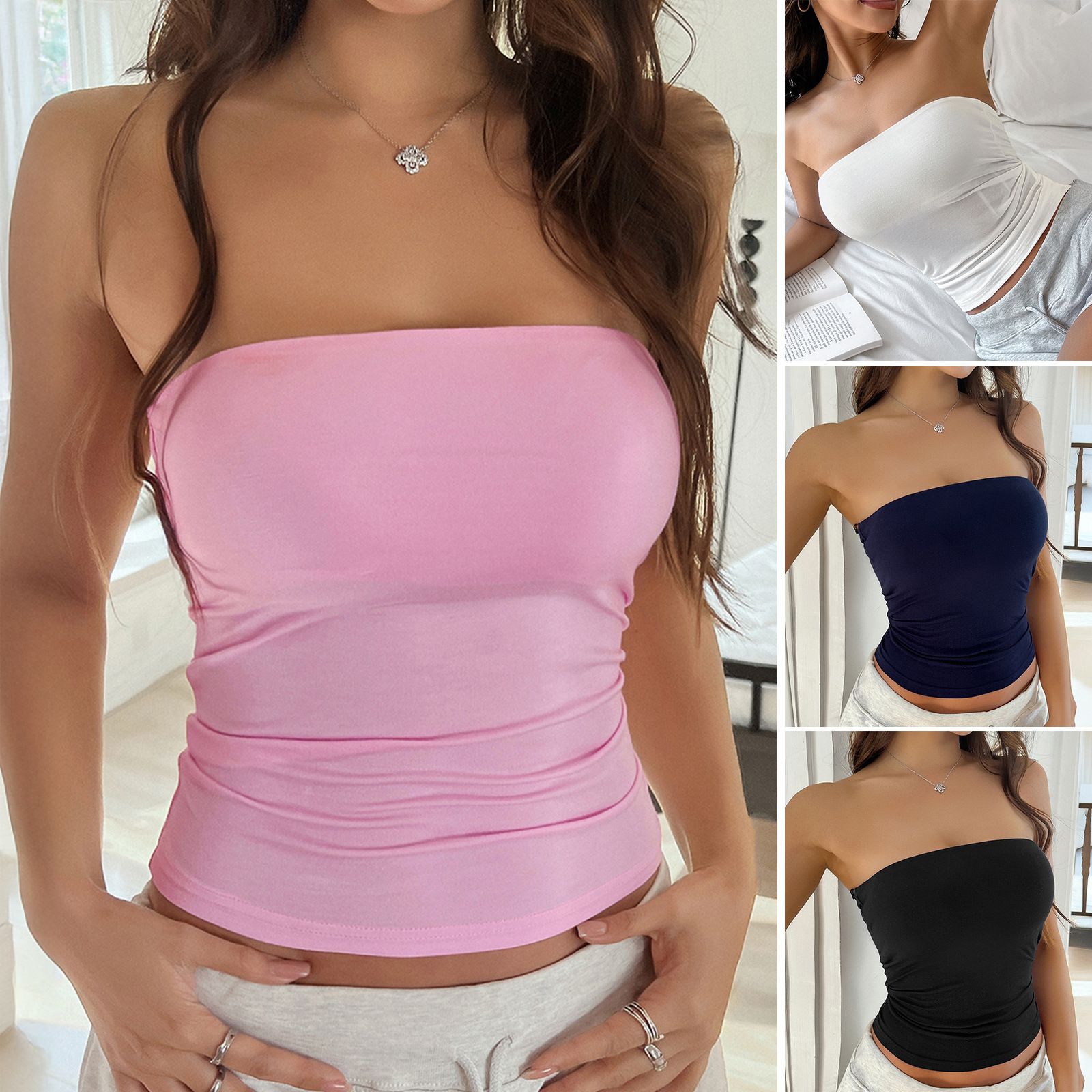 Clothes > Women's Clothing > Tops > Tanks & Camis Tank Tops New fashion European and American sexy solid color backless knitted strapless top for women