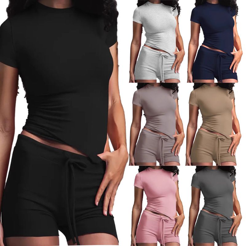 Clothes > Women's Clothing > Clothing Sets > Two-Piece Outfits Solid color elegant two-piece set round neck short sleeves and shorts suit yoga clothes fitness clothes women's clothing