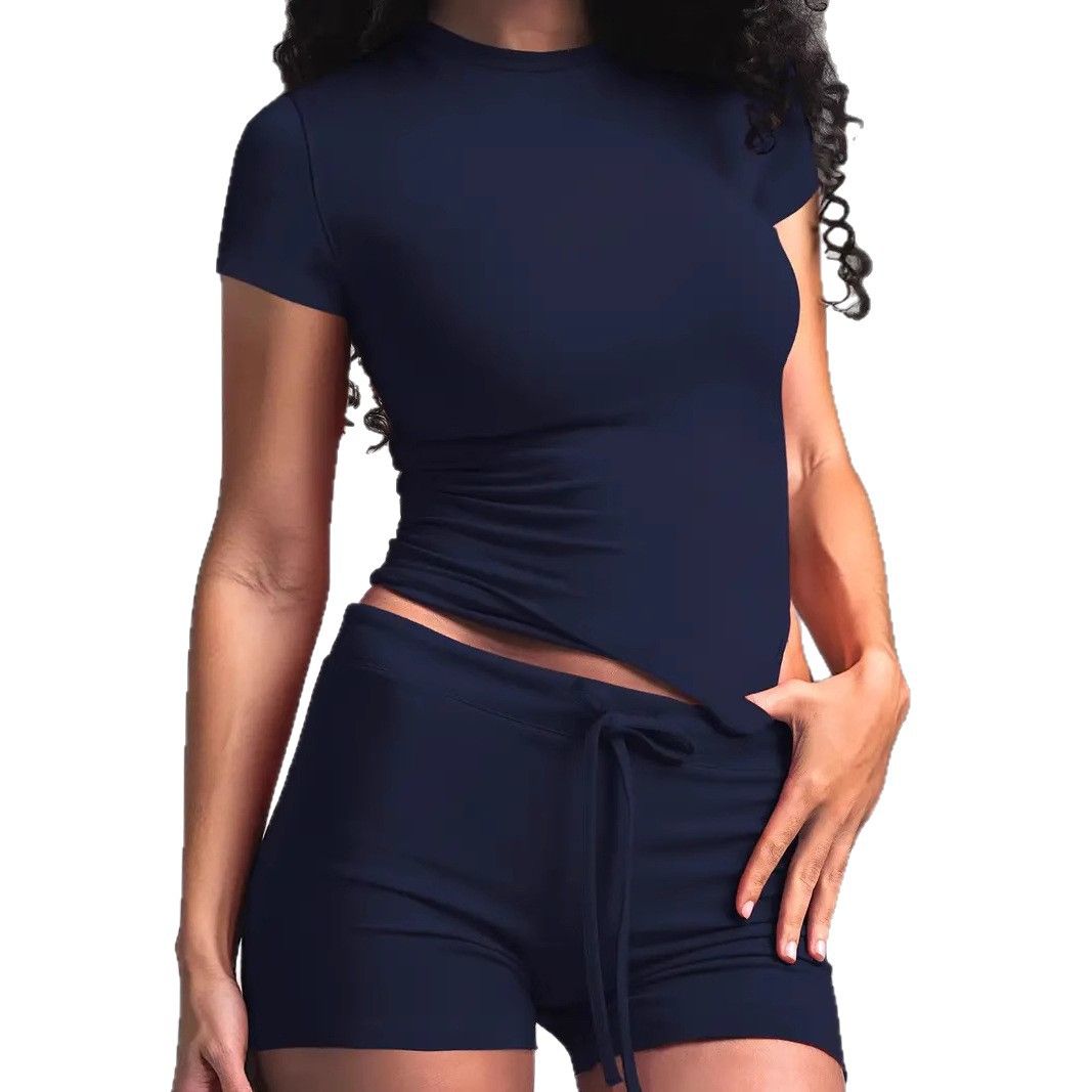 Clothes > Women's Clothing > Clothing Sets > Two-Piece Outfits Solid color elegant two-piece set round neck short sleeves and shorts suit yoga clothes fitness clothes women's clothing