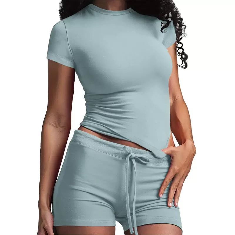 Clothes > Women's Clothing > Clothing Sets > Two-Piece Outfits Solid color elegant two-piece set round neck short sleeves and shorts suit yoga clothes fitness clothes women's clothing