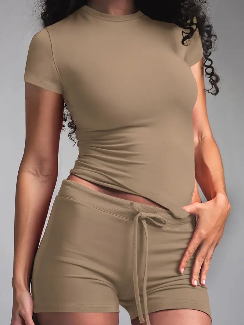 Clothes > Women's Clothing > Clothing Sets > Two-Piece Outfits Solid color elegant two-piece set round neck short sleeves and shorts suit yoga clothes fitness clothes women's clothing