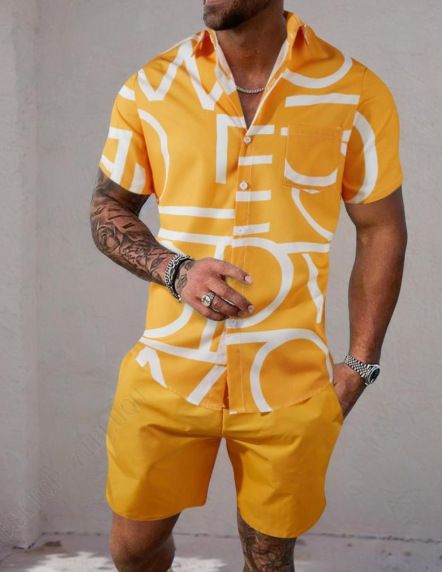 Clothes > Men's Clothing > Clothing Sets > Two-Piece Outfits  Summer short-sleeved trendy man 3D printed Hawaiian shirt short-sleeved shorts men's suit