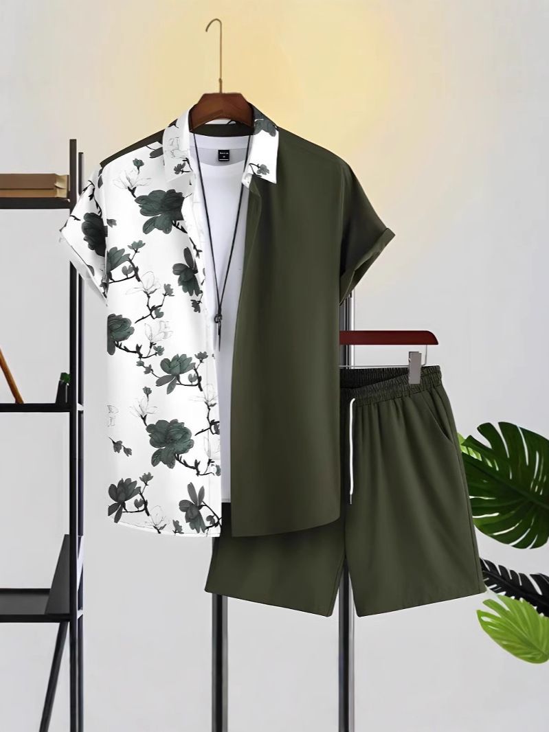 Clothes > Men's Clothing > Clothing Sets > Two-Piece Outfits  Summer short-sleeved trendy man 3D printed Hawaiian shirt short-sleeved shorts men's suit