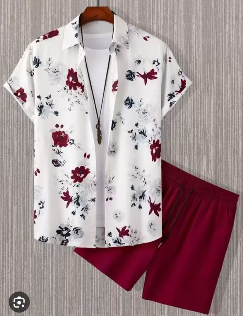 Clothes > Men's Clothing > Clothing Sets > Two-Piece Outfits  Summer short-sleeved trendy man 3D printed Hawaiian shirt short-sleeved shorts men's suit