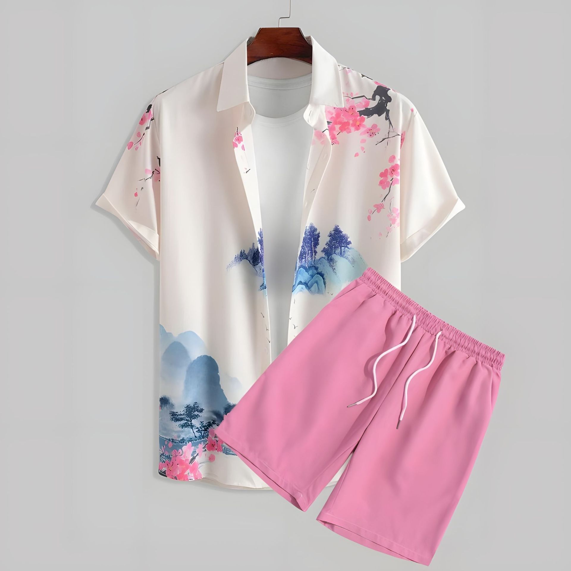Clothes > Men's Clothing > Clothing Sets > Two-Piece Outfits  Summer short-sleeved trendy man 3D printed Hawaiian shirt short-sleeved shorts men's suit