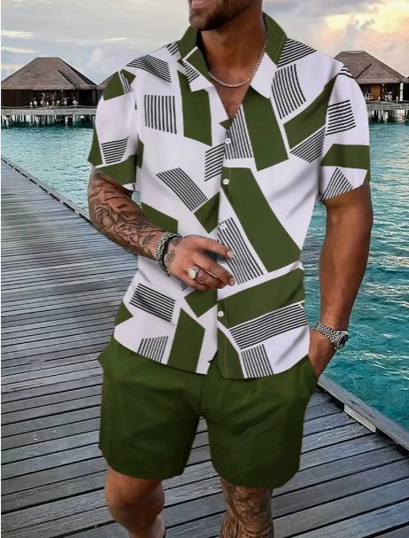 Clothes > Men's Clothing > Clothing Sets > Two-Piece Outfits  Summer short-sleeved trendy man 3D printed Hawaiian shirt short-sleeved shorts men's suit