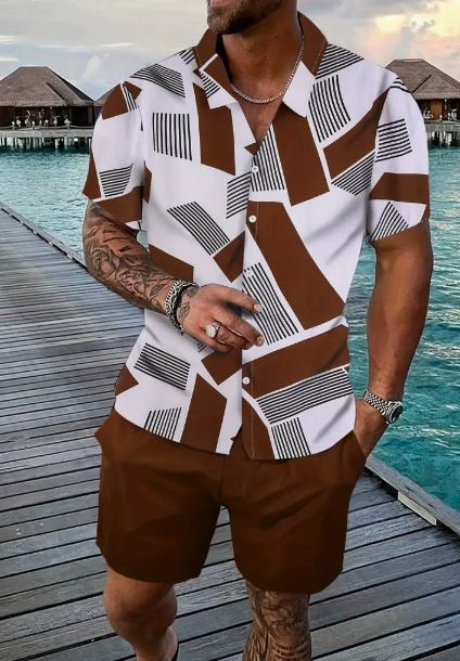 Clothes > Men's Clothing > Clothing Sets > Two-Piece Outfits  Summer short-sleeved trendy man 3D printed Hawaiian shirt short-sleeved shorts men's suit