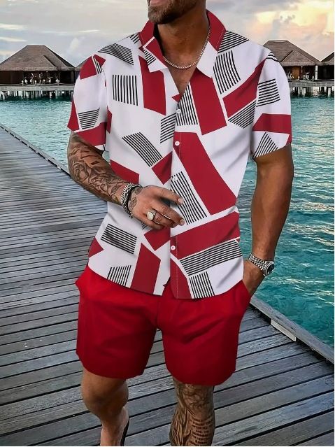 Clothes > Men's Clothing > Clothing Sets > Two-Piece Outfits  Summer short-sleeved trendy man 3D printed Hawaiian shirt short-sleeved shorts men's suit