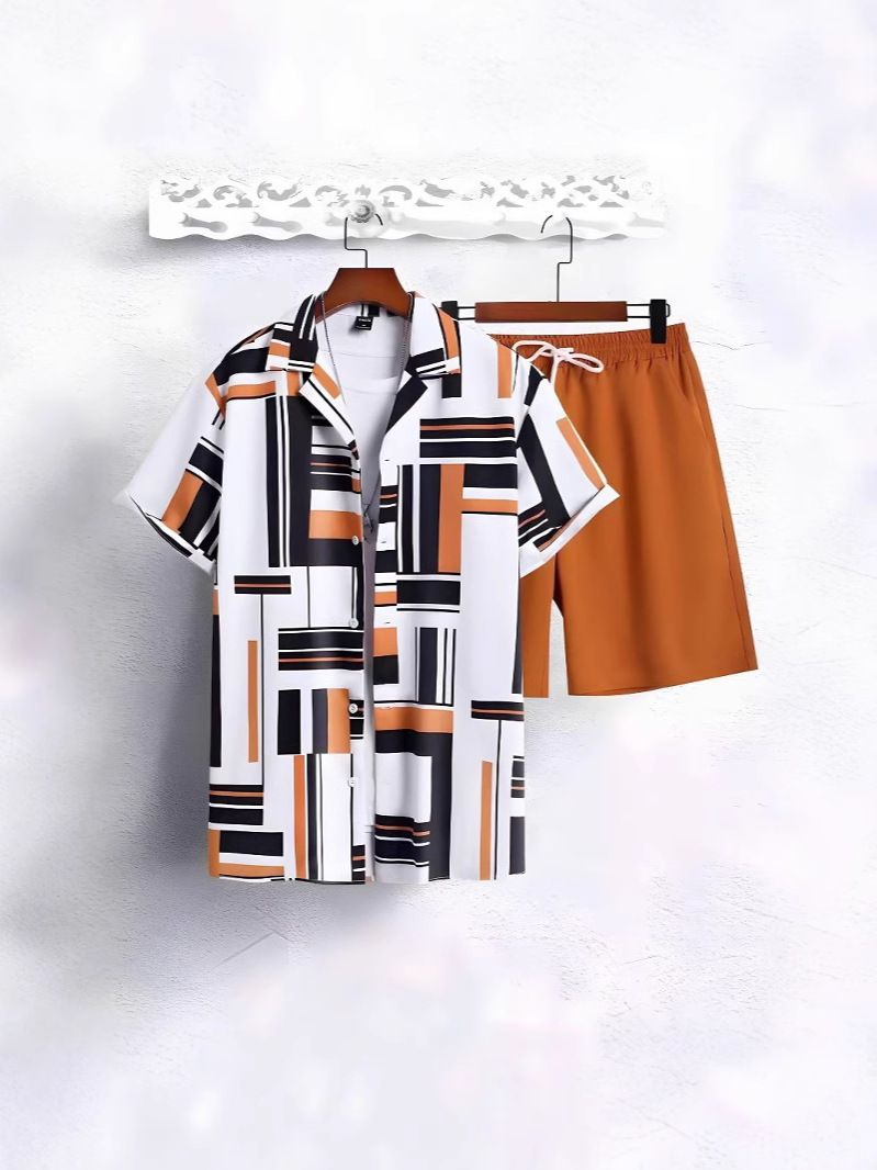 Clothes > Men's Clothing > Clothing Sets > Two-Piece Outfits  Summer short-sleeved trendy man 3D printed Hawaiian shirt short-sleeved shorts men's suit