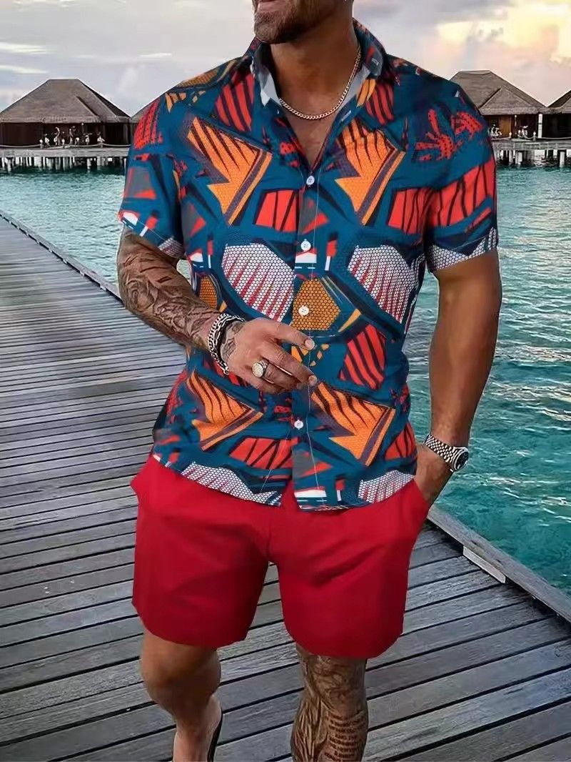 Clothes > Men's Clothing > Clothing Sets > Two-Piece Outfits  Summer short-sleeved trendy man 3D printed Hawaiian shirt short-sleeved shorts men's suit