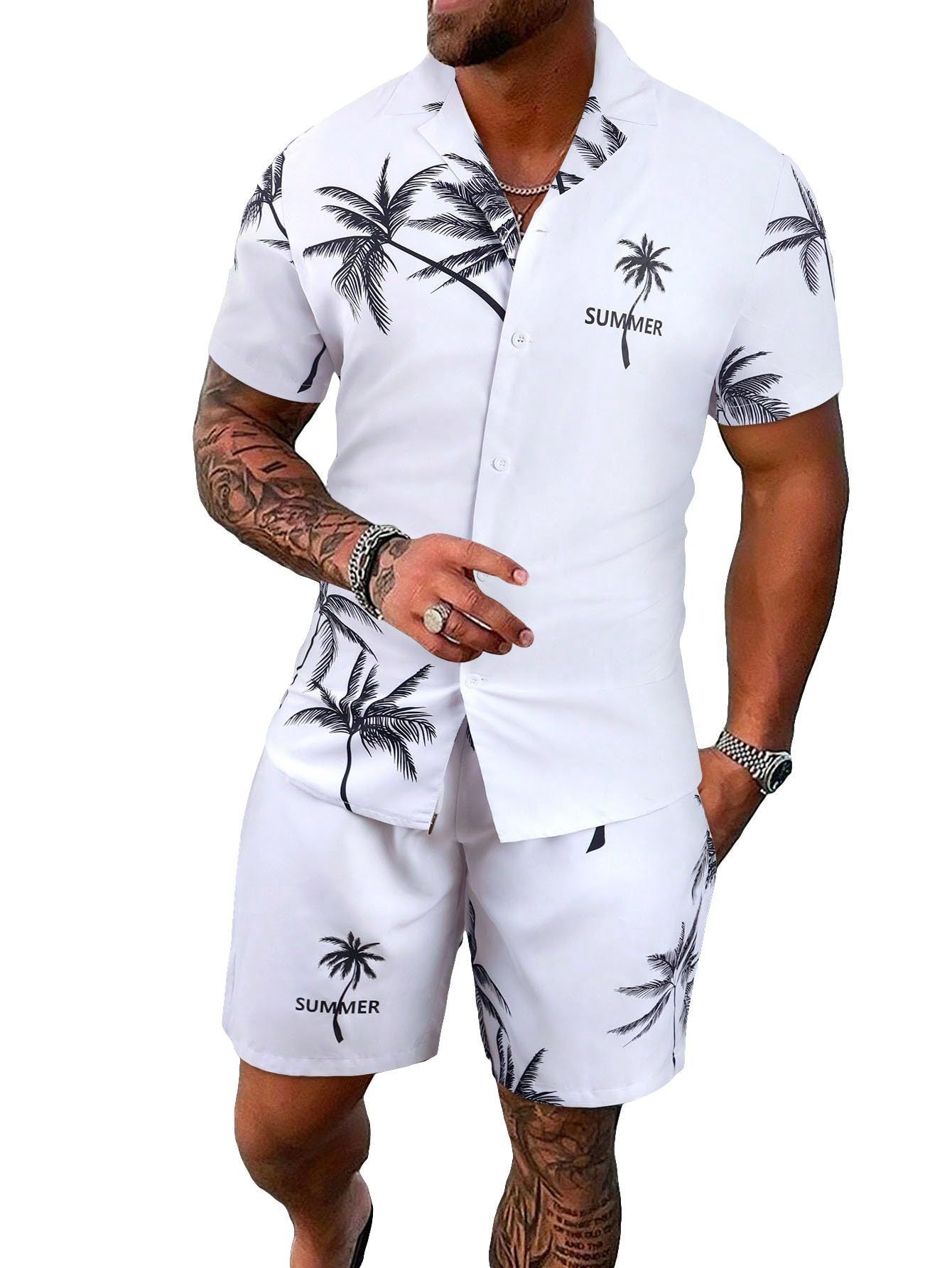 Clothes > Men's Clothing > Clothing Sets > Two-Piece Outfits  Summer short-sleeved trendy man 3D printed Hawaiian shirt short-sleeved shorts men's suit