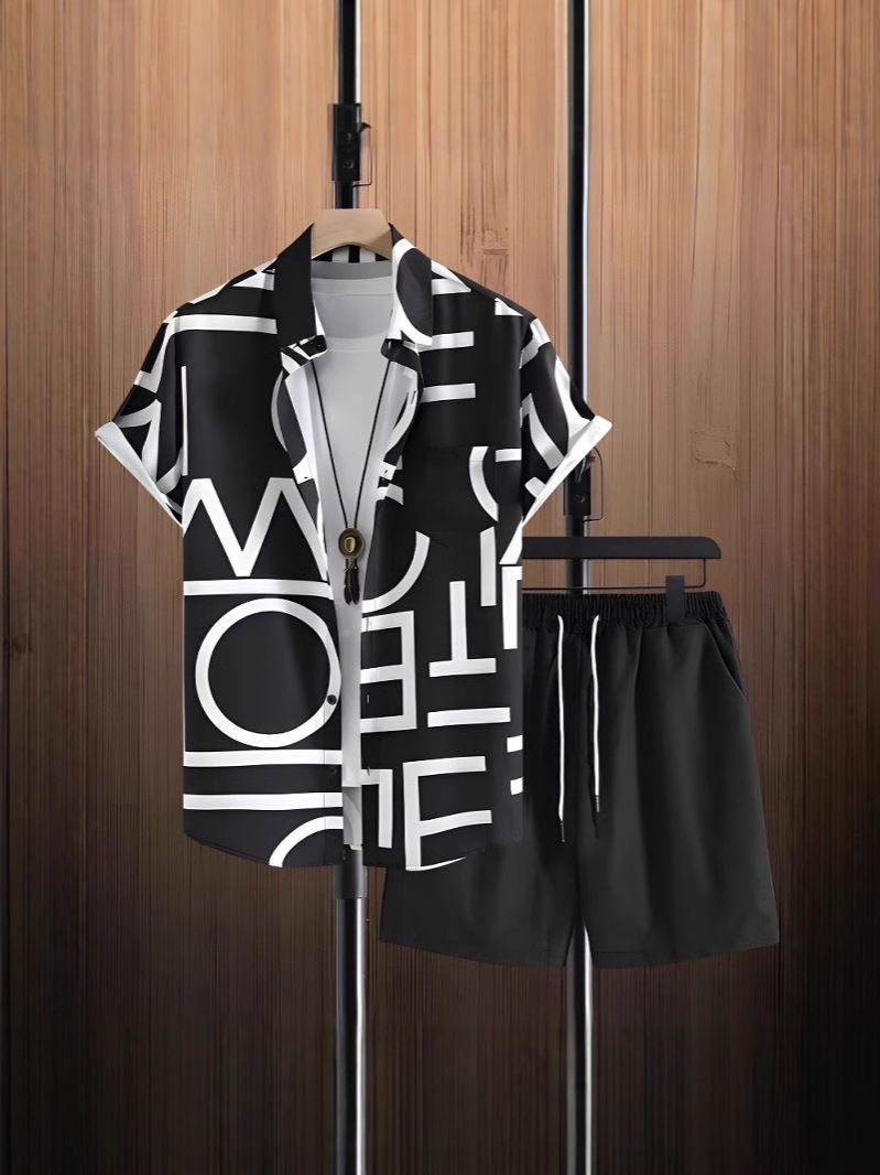 Clothes > Men's Clothing > Clothing Sets > Two-Piece Outfits  Summer short-sleeved trendy man 3D printed Hawaiian shirt short-sleeved shorts men's suit