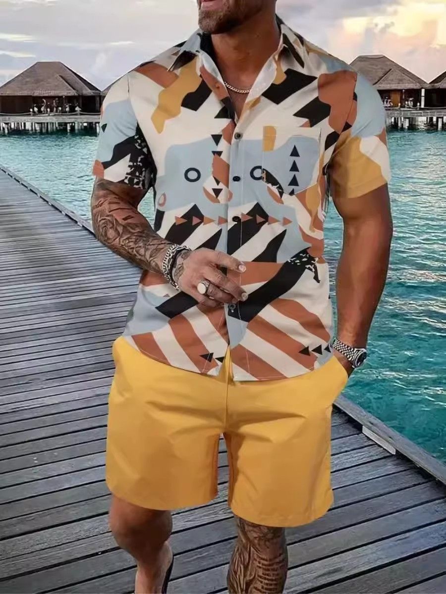 Clothes > Men's Clothing > Clothing Sets > Two-Piece Outfits  Summer short-sleeved trendy man 3D printed Hawaiian shirt short-sleeved shorts men's suit