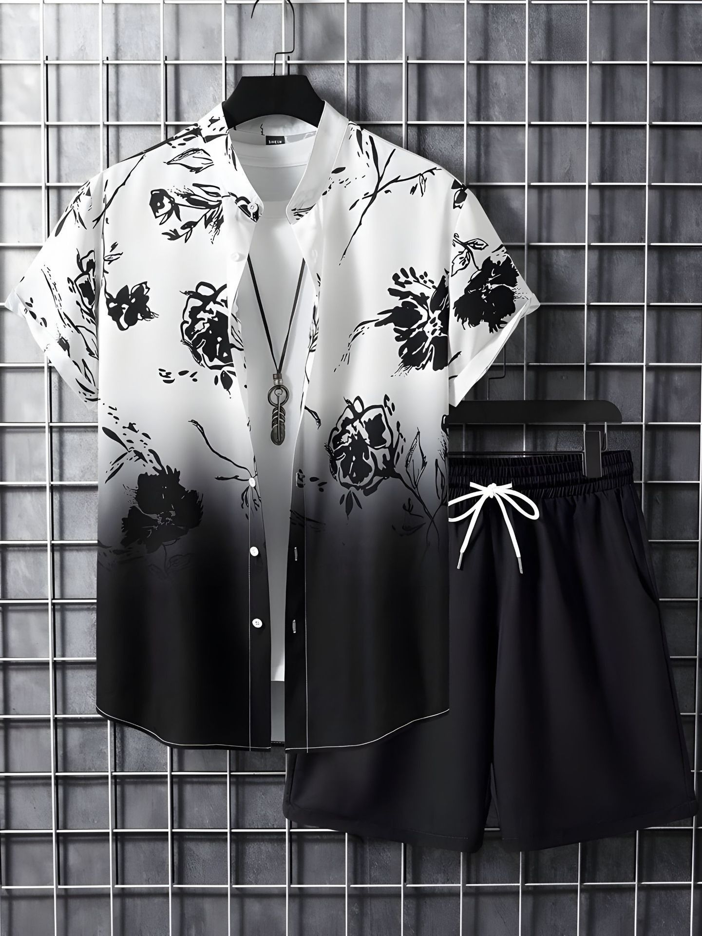 Clothes > Men's Clothing > Clothing Sets > Two-Piece Outfits  Summer short-sleeved trendy man 3D printed Hawaiian shirt short-sleeved shorts men's suit