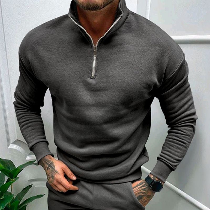 Clothes > Men's Clothing > Tops > Jackets & Coats  Autumn and winter men's casual velvet solid color long-sleeved European and American half zipper stand collar sweatshirt tops for men