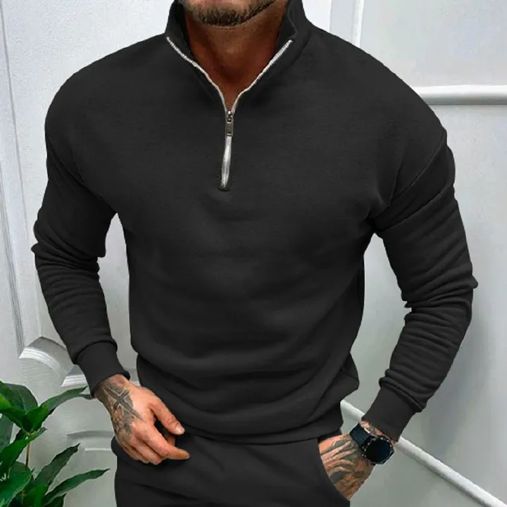 Clothes > Men's Clothing > Tops > Jackets & Coats  Autumn and winter men's casual velvet solid color long-sleeved European and American half zipper stand collar sweatshirt tops for men