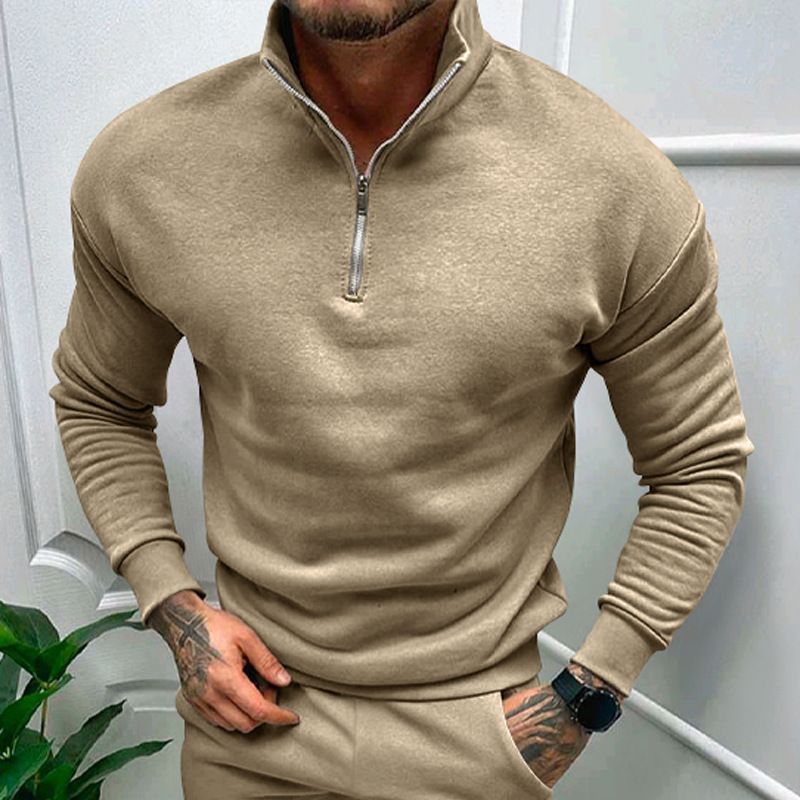 Clothes > Men's Clothing > Tops > Jackets & Coats  Autumn and winter men's casual velvet solid color long-sleeved European and American half zipper stand collar sweatshirt tops for men