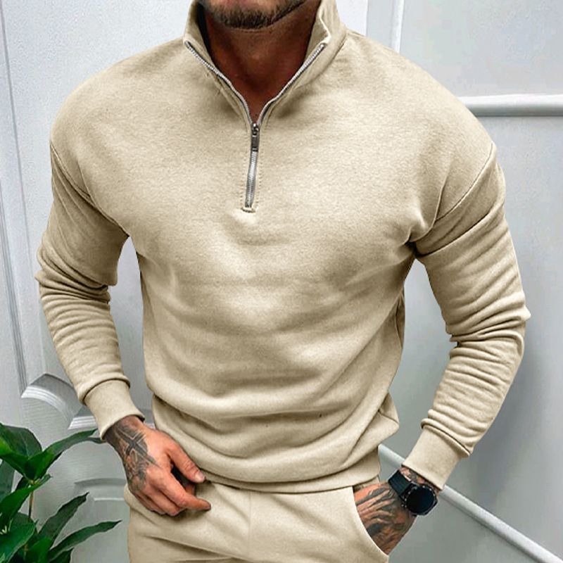 Clothes > Men's Clothing > Tops > Jackets & Coats  Autumn and winter men's casual velvet solid color long-sleeved European and American half zipper stand collar sweatshirt tops for men