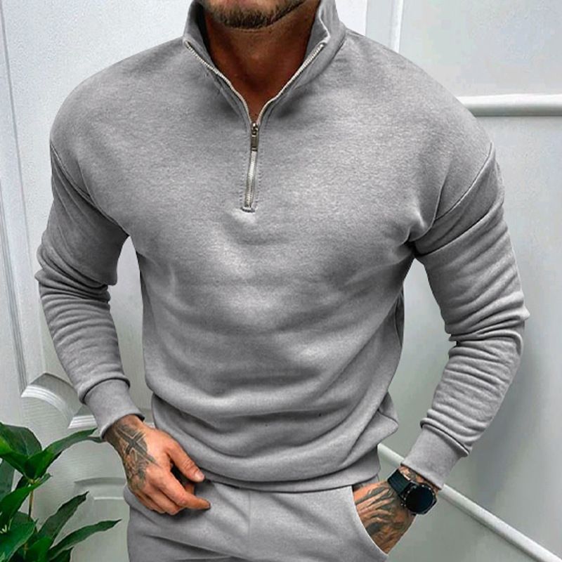 Clothes > Men's Clothing > Tops > Jackets & Coats  Autumn and winter men's casual velvet solid color long-sleeved European and American half zipper stand collar sweatshirt tops for men