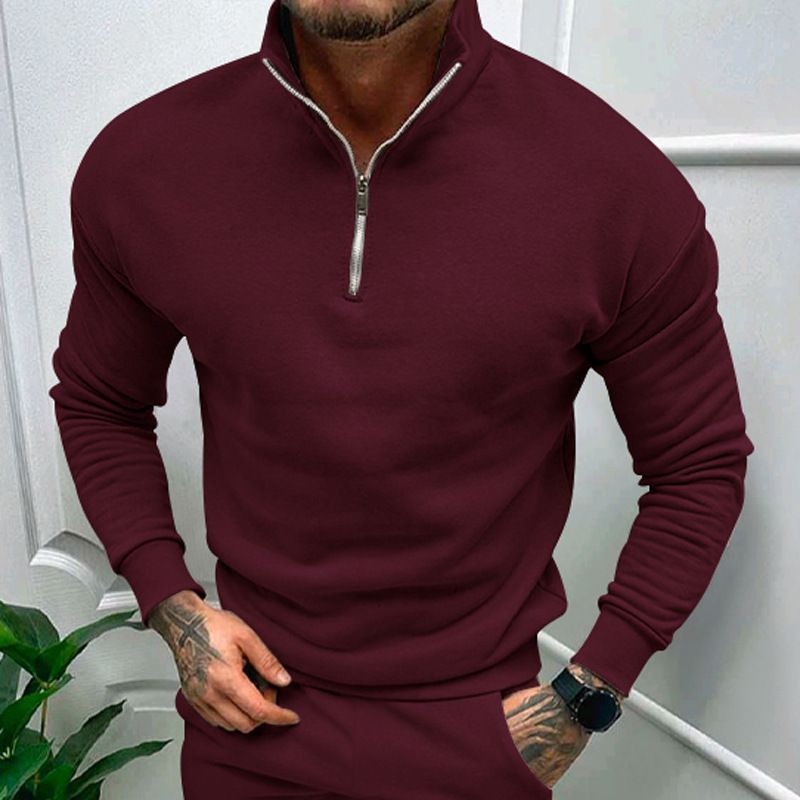 Clothes > Men's Clothing > Tops > Jackets & Coats  Autumn and winter men's casual velvet solid color long-sleeved European and American half zipper stand collar sweatshirt tops for men