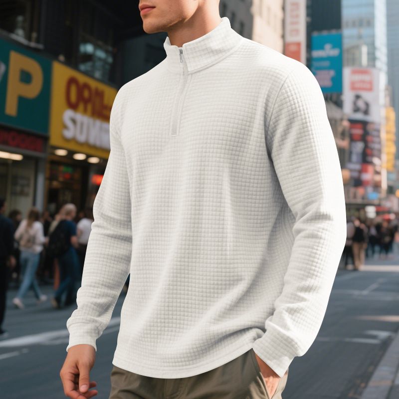 Clothes > Men's Clothing > Tops > Jackets & Coats  Autumn and winter American simple casual men's loose jacquard stand-collar half-zip bottoming shirt sweatshirt for men