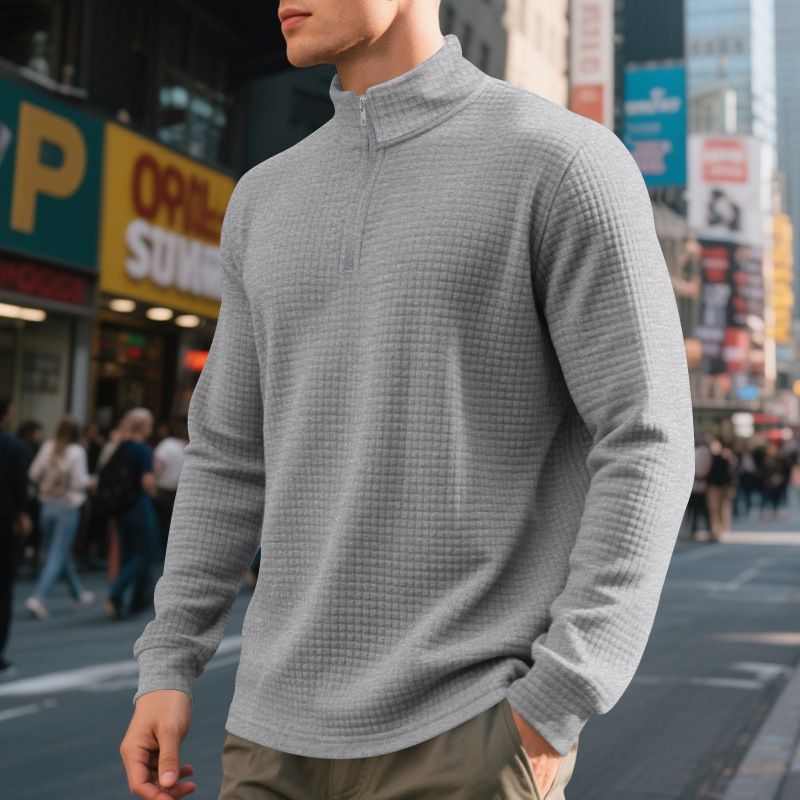 Clothes > Men's Clothing > Tops > Jackets & Coats  Autumn and winter American simple casual men's loose jacquard stand-collar half-zip bottoming shirt sweatshirt for men