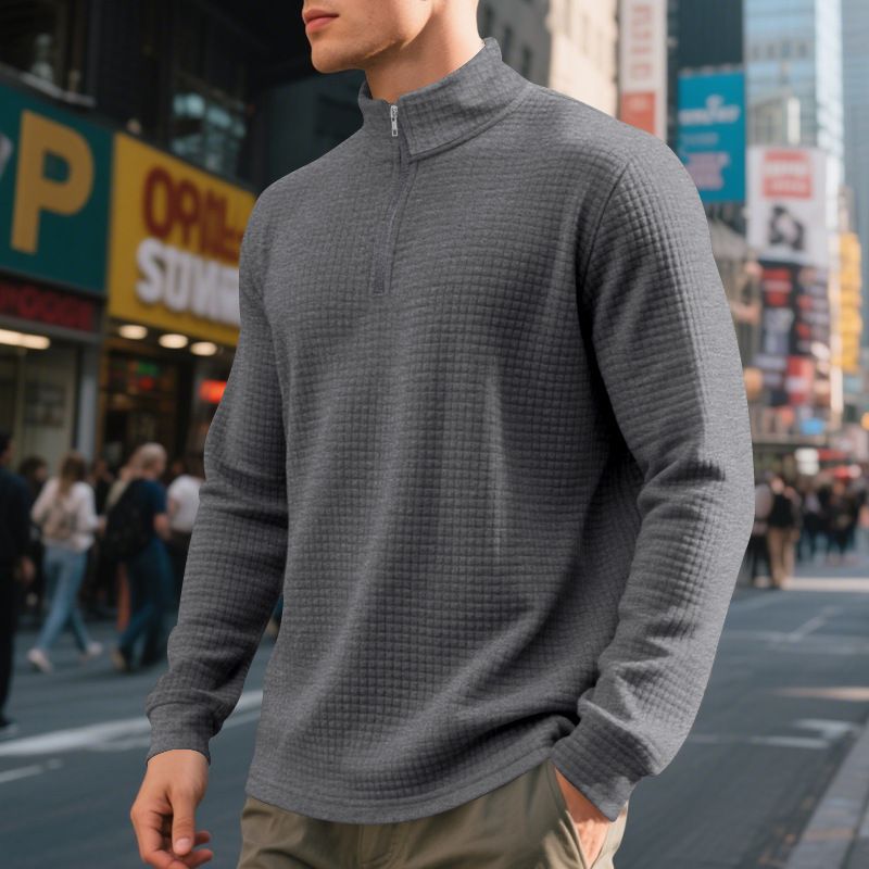 Clothes > Men's Clothing > Tops > Jackets & Coats  Autumn and winter American simple casual men's loose jacquard stand-collar half-zip bottoming shirt sweatshirt for men