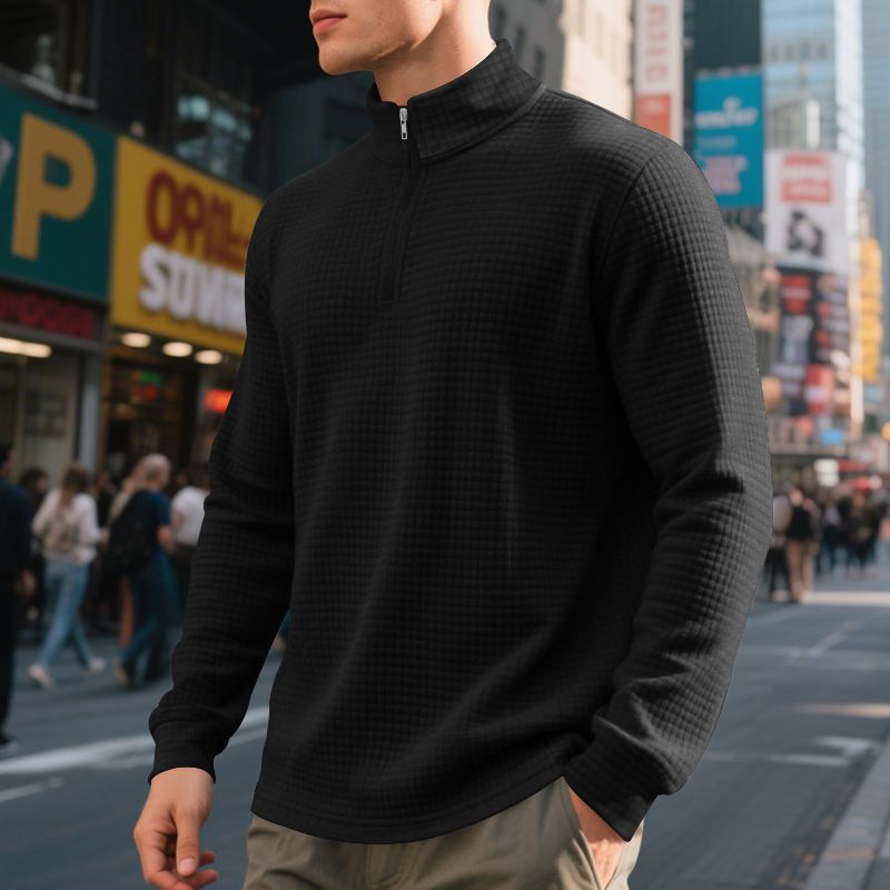 Clothes > Men's Clothing > Tops > Jackets & Coats  Autumn and winter American simple casual men's loose jacquard stand-collar half-zip bottoming shirt sweatshirt for men