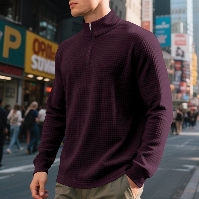 Clothes > Men's Clothing > Tops > Jackets & Coats  Autumn and winter American simple casual men's loose jacquard stand-collar half-zip bottoming shirt sweatshirt for men