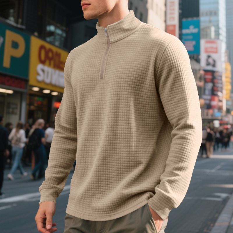 Clothes > Men's Clothing > Tops > Jackets & Coats  Autumn and winter American simple casual men's loose jacquard stand-collar half-zip bottoming shirt sweatshirt for men